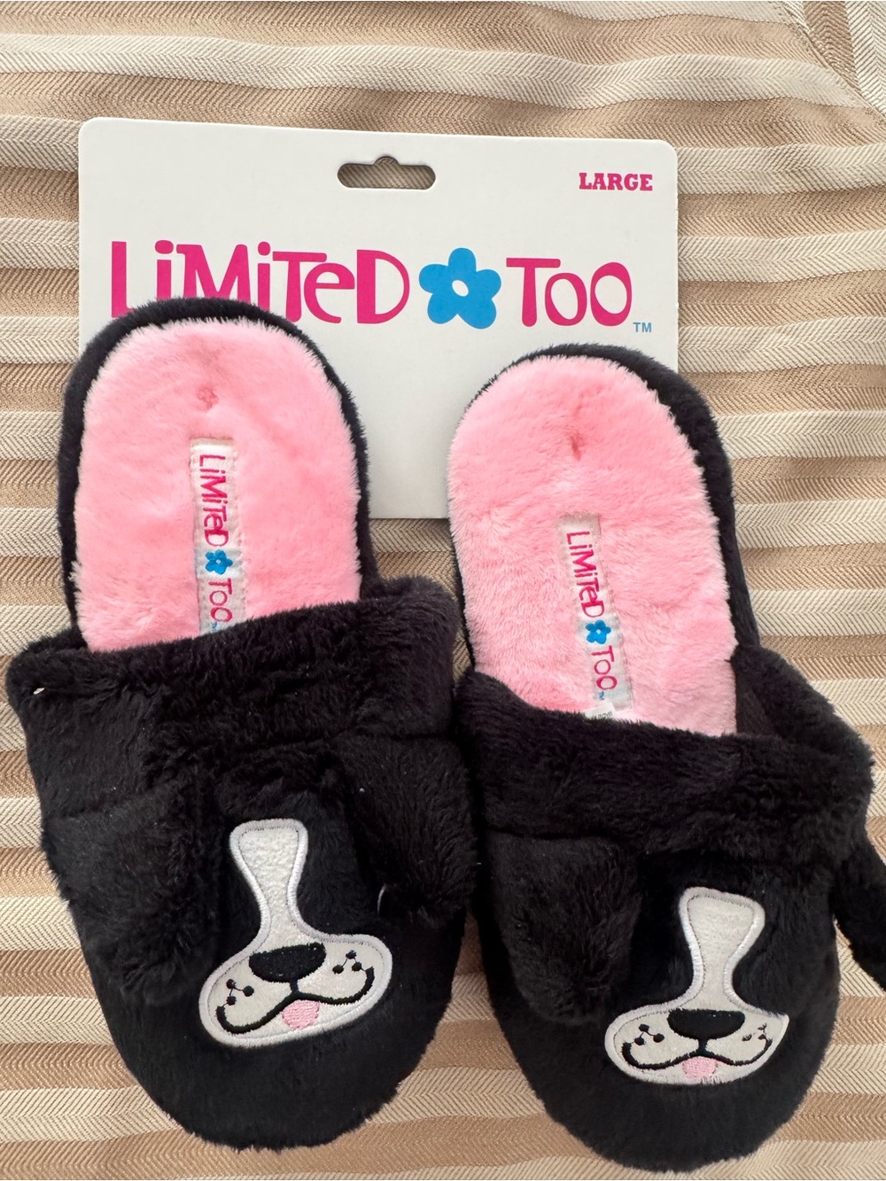 Limited Too Black Plush Slippers with Pink Lining - Dog Face